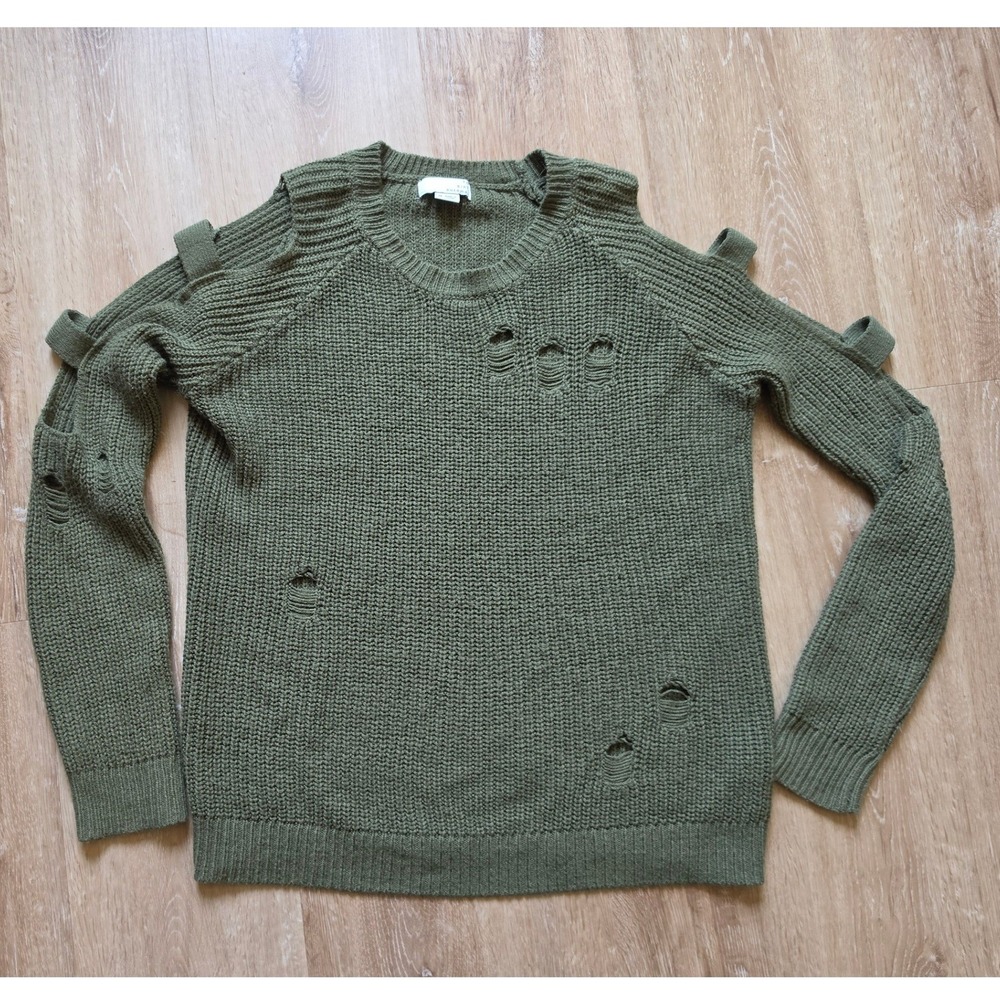 Ten Sixty Sherman Olive Green Distressed Knit Cut Out Sleeve Sweater Sz M